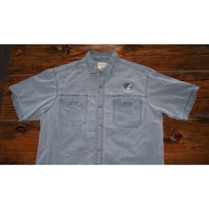 Vintage Red Head Mens Shirt Large Blue Fishing Bass Camp Pockets Short Sleeve